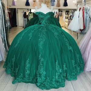 La quinceanera vert émeraude s'habille de l'épaule Big Bow Ball Bow Floral Appliques de dentelle Corset pour Sweet 15 Girls Party Wear 403