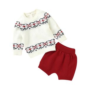 Emmababy Envío gratis Infant Baby Girls Boys Conjunto de punto Casual Manga larga Patrón geométrico Top + Pantalones cortos rojos LJ201221