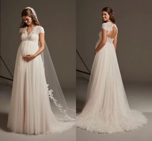 Vestidos de novia de cintura imperio para embarazadas, maternidad, cuello en V, apliques de encaje, pequeños cristales brillantes, vestidos de novia, mangas casquillo vintage, una línea de tul, batas de Mariee YD