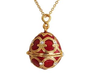 Émail fait à la main Fabergé oeuf de Pâques pendentif collier bijoux médaillon en laiton Vintage cristal trèfle à l'intérieur cadeau aux femmes filles 2025539