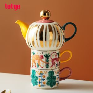 Juegos de té y café de la tarde en inglés, olla dorada pintada a mano, 2 tazas, regalo creativo, taza de té de cerámica