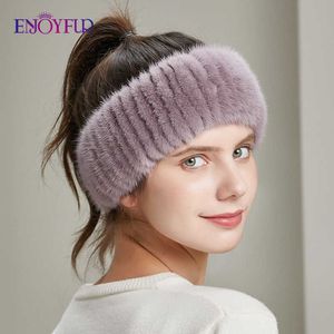 ENJOYFUR, diadema de piel de invierno para mujer, tocado de piel de visón natural cosido a mano para niña, accesorios elásticos para el cabello de diseñador a la moda para mujer X0722