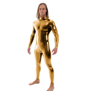 Ensnovo Men Latex Suit Black Shiny Metallic Tights Gold Zentai Suit Full Body Unitard Custom Skin Body Cremallera frontal