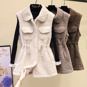 Equipment-Chaleco de lana de cordero para mujer, abrigo sin mangas con cintura ajustable, bolsillos delanteros, chaleco con cremallera, prendas de vestir cálidas, otoño e invierno, 2022