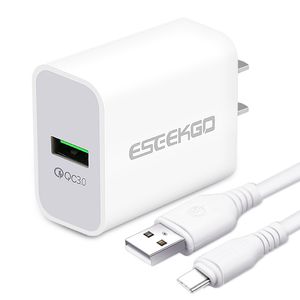 Eseekgo QC3.0 Cargador rápido Universal USB Tipo C Cargador de pared Adaptador de carga portátil Enchufe de EE. UU. UE Micro cable con caja
