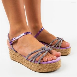 Sandalias de alambrillas de gamuza púrpura Sier Sier Knotted Rhinestone Plataforma Rafia Hebilla Suman Summer Colores de cuero para mujeres 7823