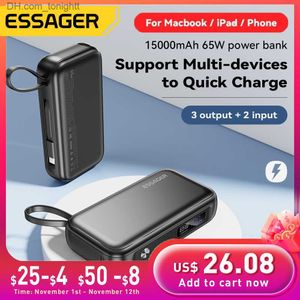 Banque d'alimentation portable Essager 65W 15000mAh avec câble USB C Affichage numérique LED Batterie de rechange externe pour iPhone MacBook Air Q230826