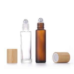 Bouteille à bille d'huile essentielle 5 ml, 10 ml, 15 ml, bouteilles de parfum rechargeables en verre transparent givré avec bille roulante en acier inoxydable et couvercle en bambou, emballage cosmétique
