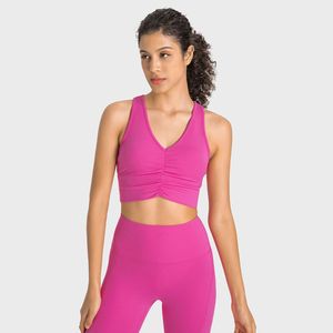 ET003 Double 6 Lycra Yoga Tops Antibacterial V Neck Bra Nude Sense Tank Top Buttery Soft Plisado Sports Bra Ropa interior Mujer Chaleco con copas extraíbles