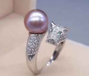 Mariage éternel Femmes Gift Gift 925 STERLING Silver Real Natural Pearls Round Leopard Head Ring S925 Sterling AD240412