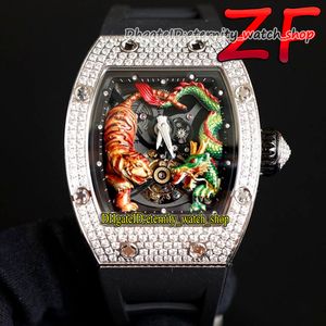 Montres d'éternité ZF 51-01 V2 version Tourbillon réel Mécanique 3D Dragon Tiger Totem Cadran peint RM51-01 Michelle Yeoh Montre pour homme Boîtier en diamant glacé Bracelet en caoutchouc