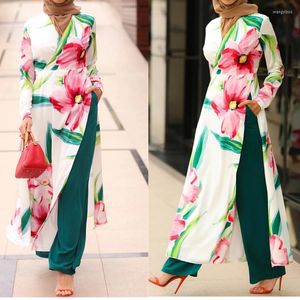 Vêtements ethniques 2 pièces musulman Abaya ensemble mode à manches longues imprimé en mousseline de soie femmes fête Slip Maxi robe pantalon tenue Eid Mubarak vêtements