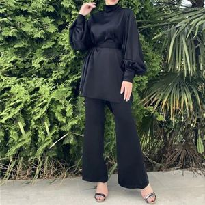 Ropa étnica Conjuntos de 2 piezas Satén Abaya Dubai Turquía Trajes Eid Mujeres musulmanas Blusa Tops Pantalón Traje Kaftan Islam Árabe Elegante Marruecos