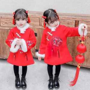 Ropa étnica 2022 Cheongsam Year Girl Tang Suit Dress Chino tradicional 4Color Bordado Kid Qipao Manga larga Trajes de invierno Vestidos