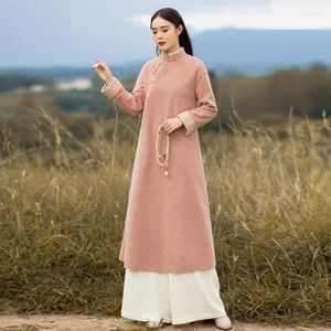 Ropa étnica 2022 invierno Vintage placa hebilla estilo chino bata vestidos de lana de manga larga cuello mandarín mujeres vestido Cheongsam FF3037