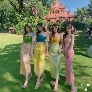 Vêtements ethniques 2023 Été Thai Traditionnel Femmes Sexy Longue Jupe Sud-Est Asiatique Pographie Danse Performance Thaïlande Costume Robe De Voyage