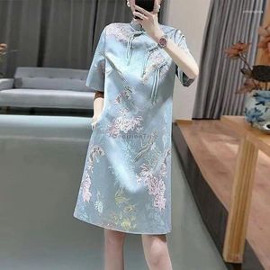 Vêtements ethniques 2024 chinois amélioré lâche Cheongsam robe femmes demi manches col montant imprimé style élégant Qipao S493