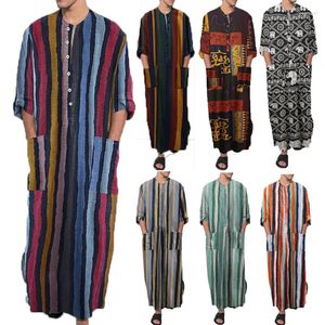 Vêtements ethniques 2024 Hommes à manches longues musulmanes Coton Robes rayées Summer Islamic Arabian Kaftan Suit Middle East Dubai Abaya Retro