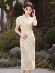 Vêtements ethniques 2024 Imprimé Floral Long Qipao Cheongsam Femmes Traditional Chinese Robe Sexy Elegant Slim Split Vestidos Party