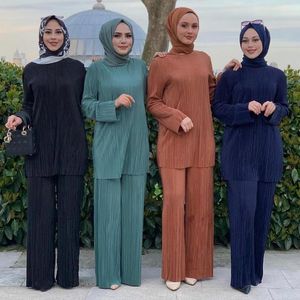 Vêtements ethniques Abaya Ensembles de mode pour femmes musulmanes couleur unie à manches longues doux style simple plis costumes nationaux décontracté quotidien streetwear