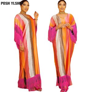 Vêtements ethniques Mode Africaine Caftan Maxi Robes pour Femmes Gland Imprimer Soie Blogger Recommander Summer Beach Bohemian Kaftans Robe Longue 230510