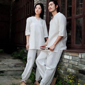 Vêtements ethniques asiatiques 4 saisons blanches Gris pourpre en coton en coton Costumes de yoga jouant la méditation Tai Chi Kungfu Tenue pour hommes et femmes