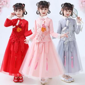 Vêtements ethniques Automne et hiver Girls Hanfu Tang Suit Long Sleeves Two Pice Princess Jirt Party Costume Wedding Flower Children's