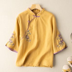 Ropa étnica Cheongsam de talla grande para mujer Tops cortos 2023 verano algodón Lino bordado empalme Slim Fit estilo chino Qipao camisas
