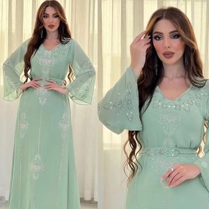 Ethnic Clothing Chiffon Muslim Belted Dresses Diamonds Abaya For Women Elegant Evening Party Gown Split Hem Vestidos Jilbab Morocco Caftan
