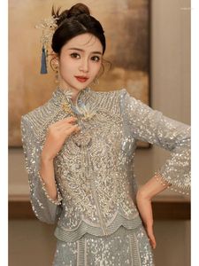 Ropa étnica Estilo chino Novia Rebordear Cheongsam Sparkly Blue Lentejuelas Vestido de novia Tostada
