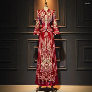 Vêtements ethniques Style chinois Mariée traditionnelle Mariée Robes de mariée Tang Costume Rouge Phoenix Perles Tassel Choengsam Robes Qipao