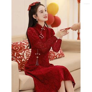 Ropa étnica de estilo chino para mujer, vestido Cheongsam de terciopelo bordado Qipao elegante para mujer, fiesta de noche, boda Vintage HS60