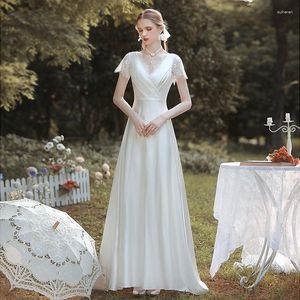 Etnische Kleding Elegante V-hals Trouwjurken Korte Mouwen Vestidos De Noiva Mariage Vintage Bruids Witte Satijnen Kanten Feestjurk