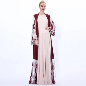 Vêtements ethniques Mode Broderie Robe musulmane Femmes Moyen-Orient Abaya Cardigan sur un motif de feuille à manches longues Turquie Élégant pour