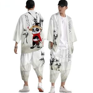 Ropa étnica Moda Panda Estampado de estilo chino Conjuntos de túnica Harajuku japonés Hombres Mujeres Kimono Beach Cardigan Blanco Haori Ropa asiática Pantalón