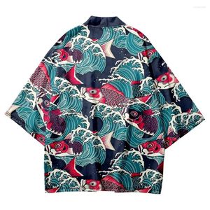 Vêtements ethniques Fashion Wave Fish Print Traditionnel Kimono Streetwear Casual Hommes Femmes Cardigan Cosplay Chemises Harajuku Japonais Samurai