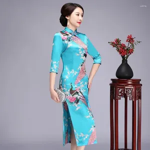 Vêtements ethniques FloralPeacock Chinois Lady Plus Taille Qipao S-6XL Élégant 3/4 Manches Haute Qplit Cheongsam Imprimer Rayonne Robe Traditionnelle Robe