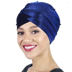Vêtements ethniques Front Cross Turban Chemo Cap Musulman Perles Foulard Head Wraps Pour Femmes Islamique Femelle Hijab Bonnet Turbante Mujer Chapeau