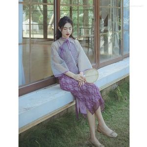 Vêtements ethniques français dentelle Cheongsam hauts élégant violet licou robe 2 pièces ensemble femmes Ao Dai Vietnam Vestido chinois boutique en ligne
