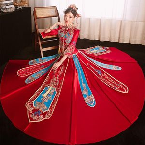Ropa étnica FZSLCYIYI Rojo Azul Lentejuelas Con cuentas Borla Borla Elegante Novia Novio Matrimonio Qipao Vestido de novia chino Cheongsa