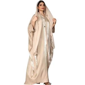 Vêtements ethniques Hot Sell Bright Silk Satin Batwing Slve Cardigan Robe Modest Muslim Dubai Plus taille Kimono Open Abaya Robe Corban Eid femme T240510
