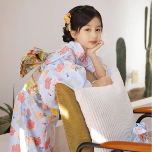 Vêtements ethniques Japon Style Fille Traditionnelle Kimono Bleu Couleur Robe Longue Enfants Enfants Cosplay Costume Scène Performance