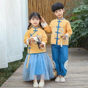 Ropa étnica Niños Niños Estilo chino Bordado Tang Traje Chicas Cheongsam Hanfu Vestido Niños Qipao Tops Pantalones Amarillo Rosa Oriental