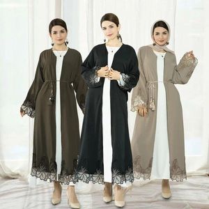 Vêtements ethniques Kimono Manches Dentelle Broderie Cardigan Robe Fermeture Éclair Ouverte Abaya Kaftan Jilbab Robe Femmes Musulman Islamique Outwear EID Vestidos