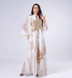 Ropa étnica Último vestido musulmán para mujeres Medio Oriente Lentejuelas doradas Hilo bordado Mujer Dubai Árabe Eid Kimono Abayas Robe