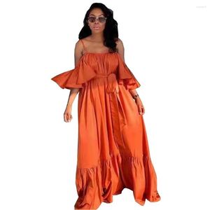 Vêtements ethniques Longue robe africaine Femmes Lace Up Taille haute Spaghetti Strap Robes Summer Fashion Solid Ruffle Patchwork Robes sexy