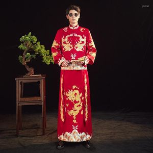 Homens Roupas Étnicas Dragão Vermelho Bordado Cheongsam Toast Traje Estilo Tradicional Chinês Casamento Qipao Tang Terno