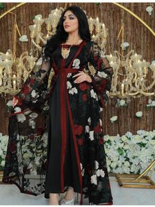 Ropa étnica Marruecos vestido de fiesta mujeres Abaya 2 piezas conjunto bordado encaje vestidos florales caftán islámico Pakistán Musulman Ensembles 2023