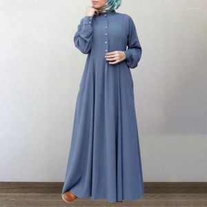 Vêtements ethniques Robe musulmane femmes Robe couleur unie Vintage col rond Cardigan simple boutonnage grande balançoire robe d'été dames Hijab 2023