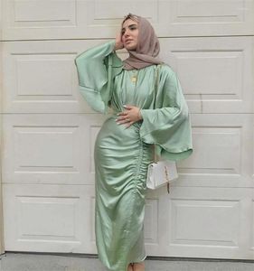 Vêtements ethniques mode musulmane Hijab Robe vert Satin Abaya dubaï turquie robes africaines pour les femmes Islam Abayas avec ceinture Robe caftan